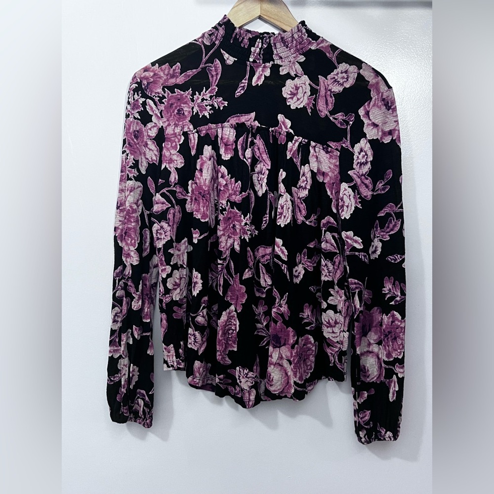 Lucky Brand Black and Pink Floral Long Sleeve Blouse